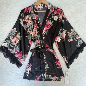 Jonquil In Bloom Floral Kimono Robe Lace Trim Belted Loungewear Sleepwear XS S